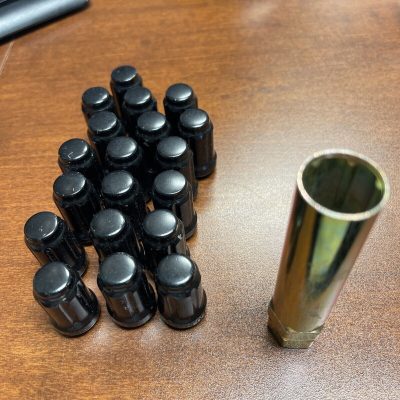 19pc 12x1.5 Lug Nuts with Socket Key | Cone Seat | Long Closed End Black Spline