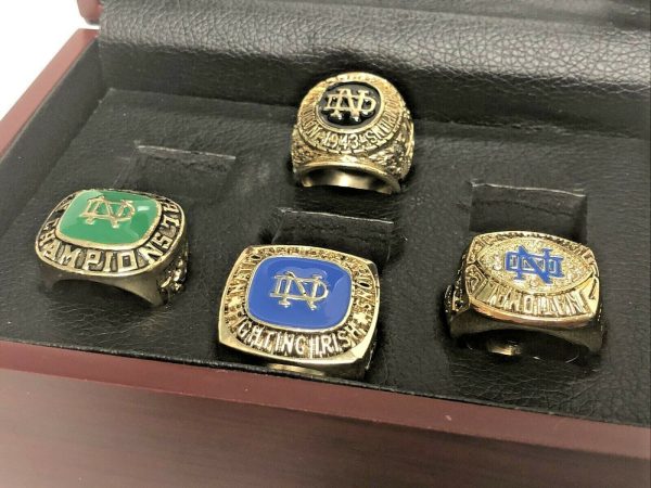 Super Bowl Ring and Notre Dame Ring Set of 4 rings with wooden display Box