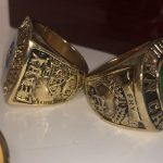 Super Bowl Ring and Notre Dame Ring Set of 4 rings with wooden display Box